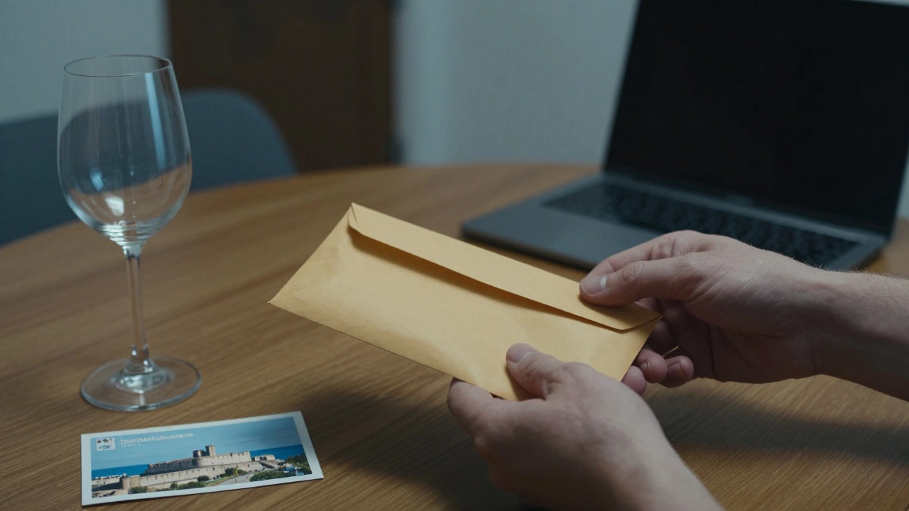 Two hands exchange cash on a wooden table beside a wine glass and a Toulon postcard, no faces shown, atmosphere discreet.